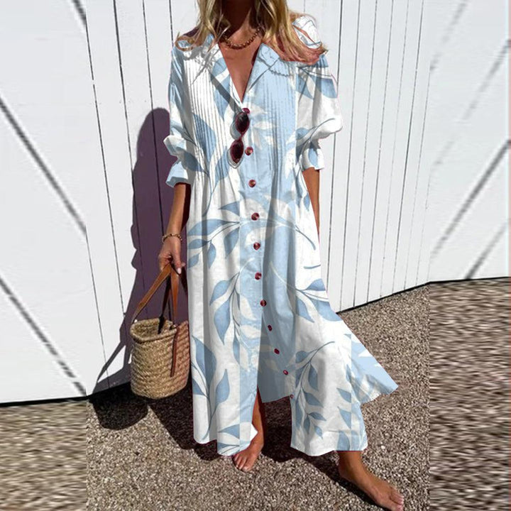 Light Blue Plant Print Half Sleeve Maxi Dress