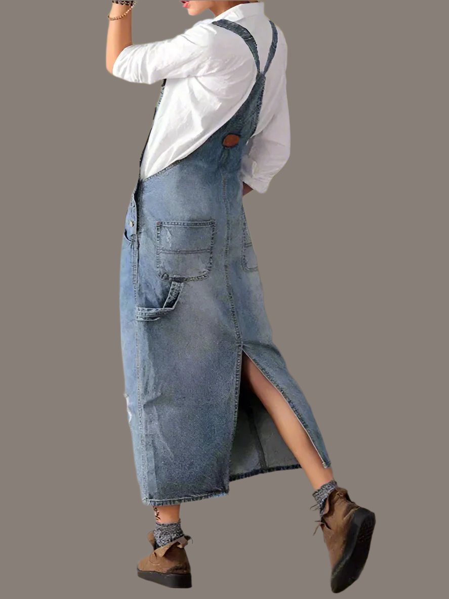 Amelia | Back Slit Distressed Denim Overalls Dress