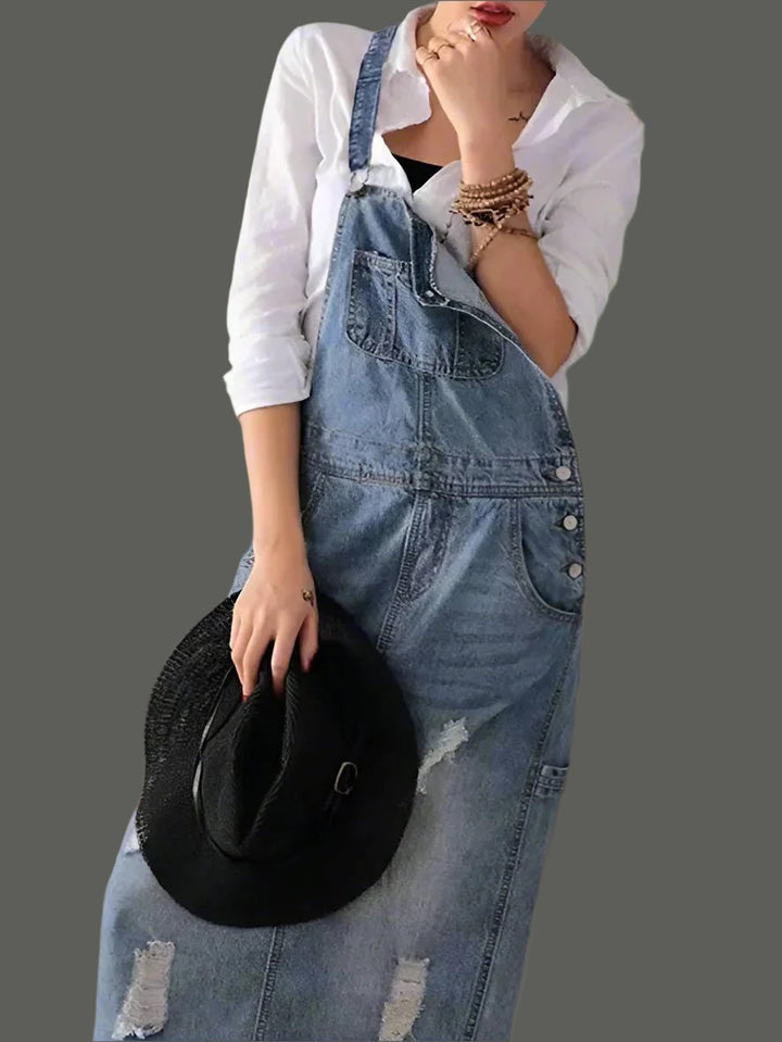 Amelia | Back Slit Distressed Denim Overalls Dress