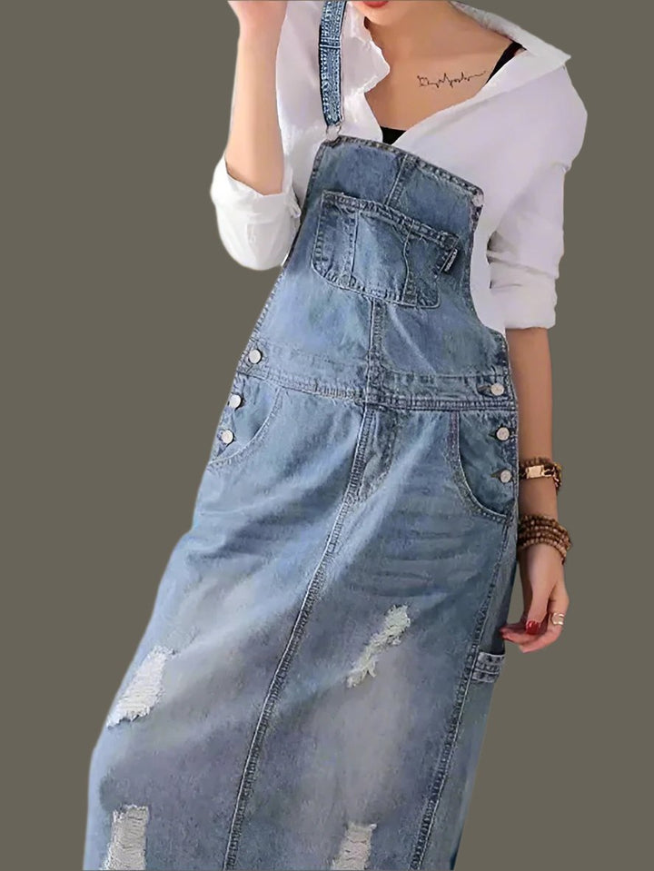 Amelia | Back Slit Distressed Denim Overalls Dress