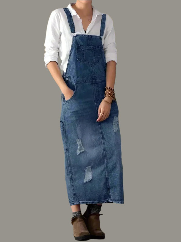 Amelia | Back Slit Distressed Denim Overalls Dress